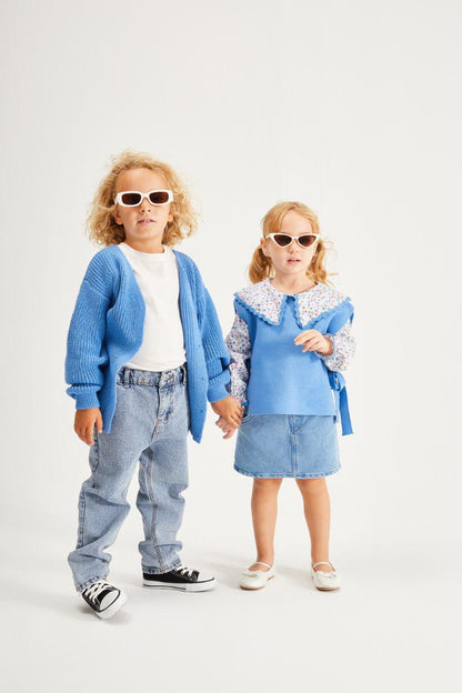 Flower Blue Blouse with Knit Vest and Skirt Set