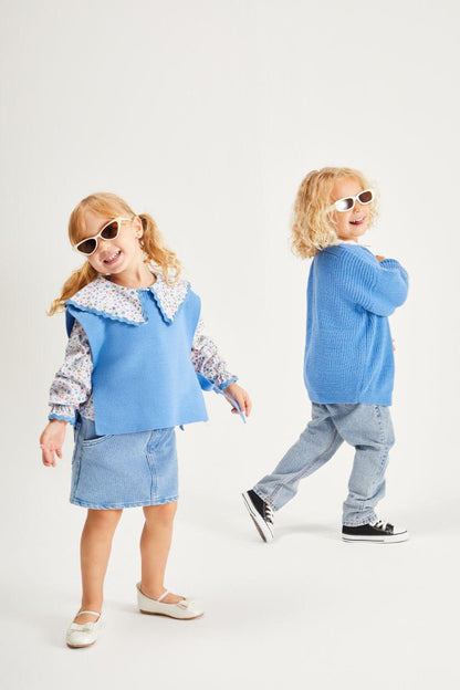 Flower Blue Blouse with Knit Vest and Skirt Set