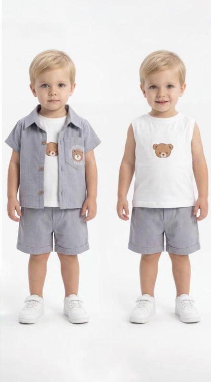 3 Piece Set - Baby Boy Grey Shorts with Tshirt and Shirt Bear Detail