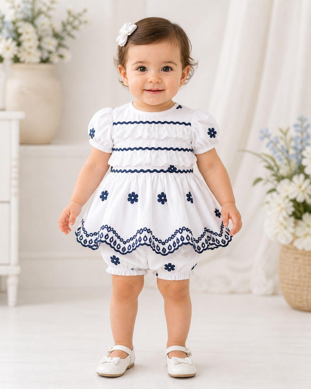 Baby Girl White and Navy Flower Dress with Shorts