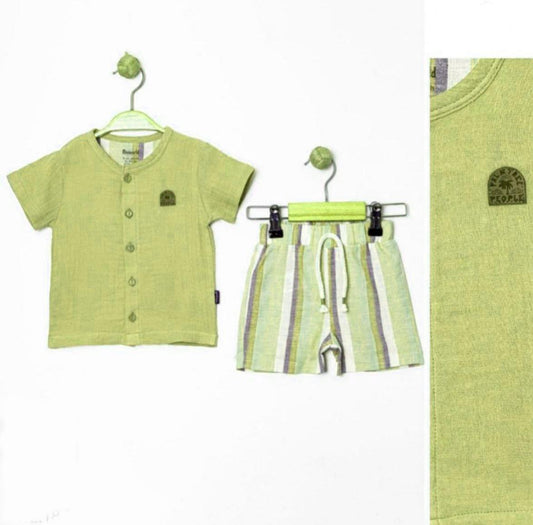Baby Boy Green Muslin Shirt and Striped Shorts Set
