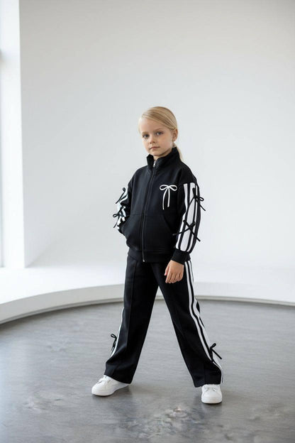 Girls Black Bows Zip Up Tracksuit