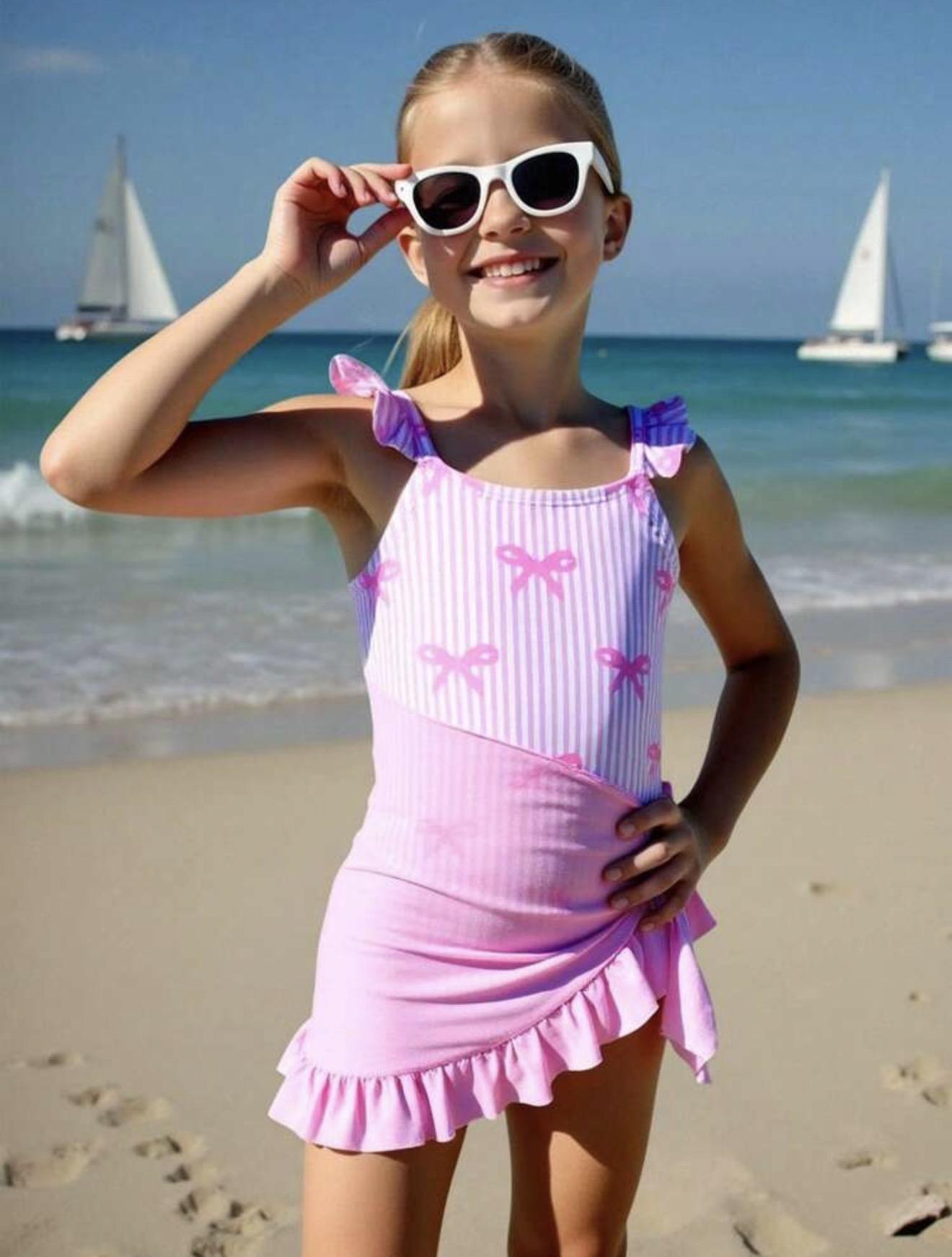 Pink Bow Swimwear with Skirt Coverup