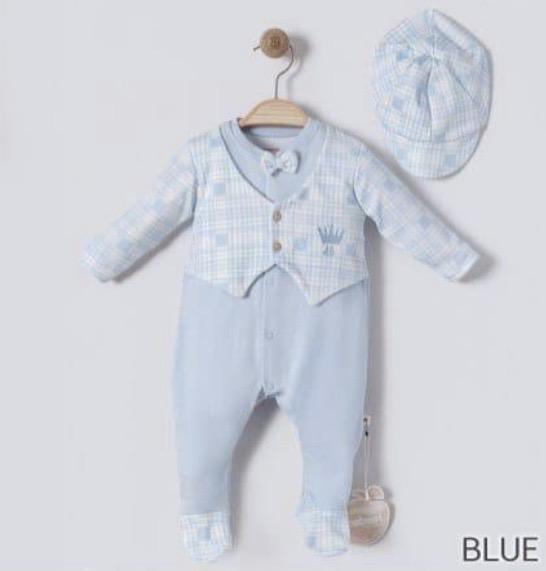 Baby Boy light blue romper with crown and hat