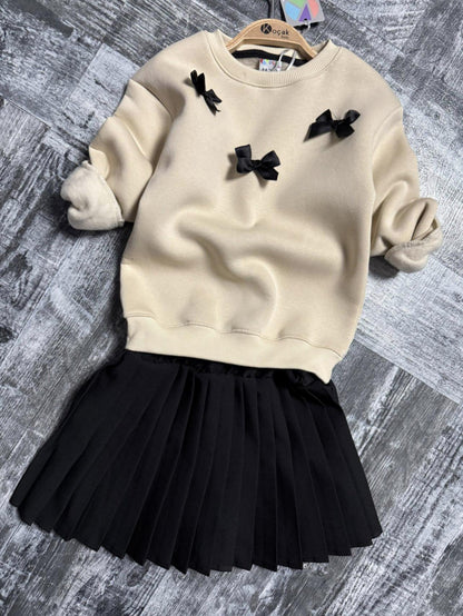 Beige Fleece Top with Bows and Black Skirt Set