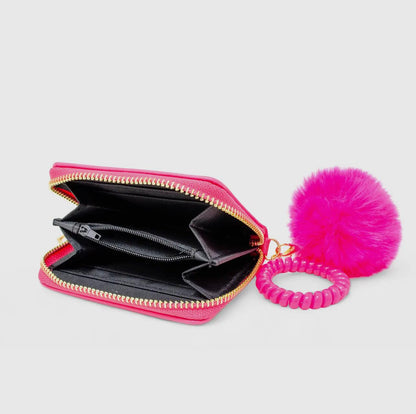 Fuchsia 3D Bow Pom Pom Zip Wallet
