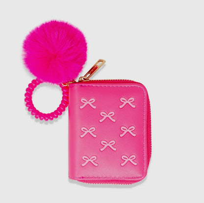 Fuchsia 3D Bow Pom Pom Zip Wallet