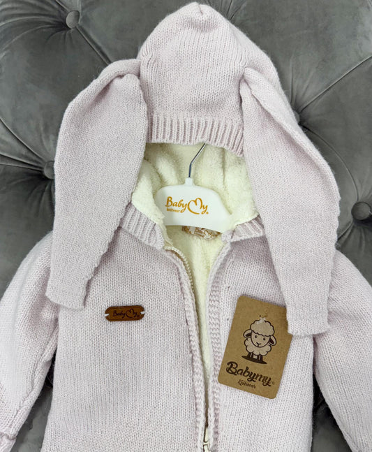 Babymy - Knit Bunny hooded romper zip up Pink