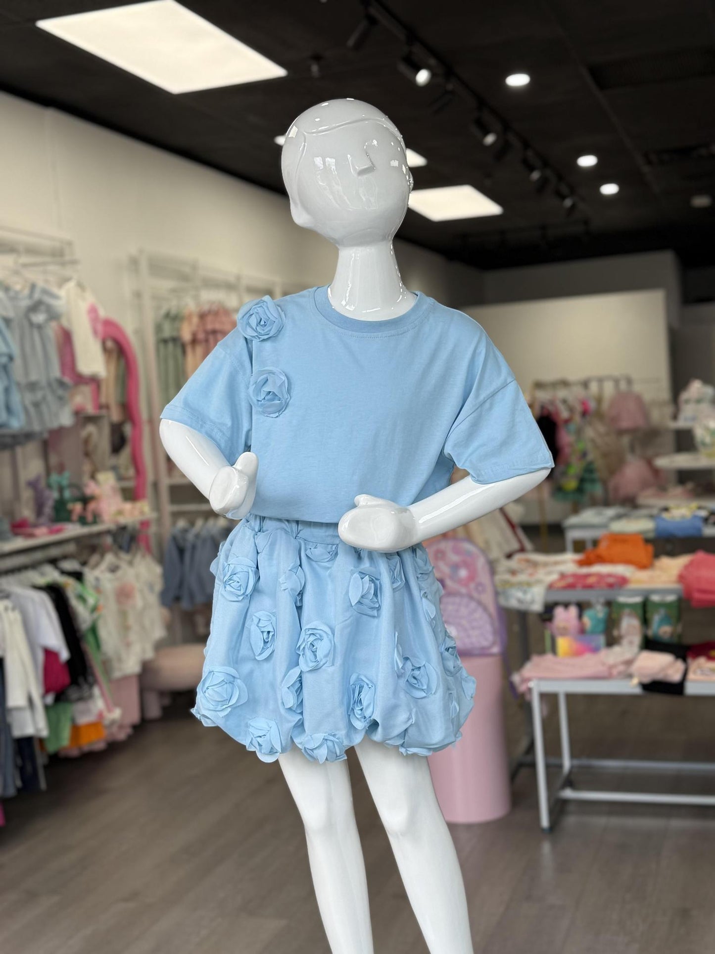 Blue Flower Tshirt and Rose Flower Skirt