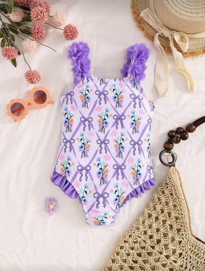 Purple Flower and Bow Detail Swimsuit