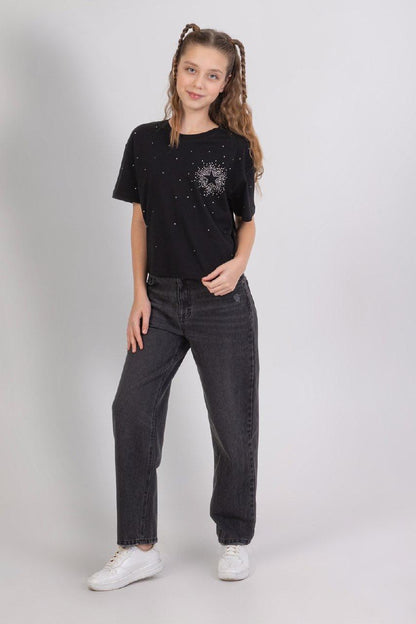 Girls Black Tshirt with Star Detail