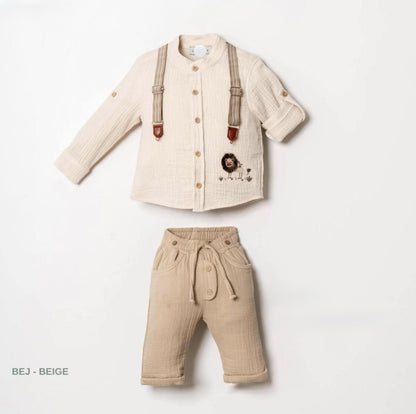 Baby Boy Beige Muslin Shirt with suspenders and Pants Set