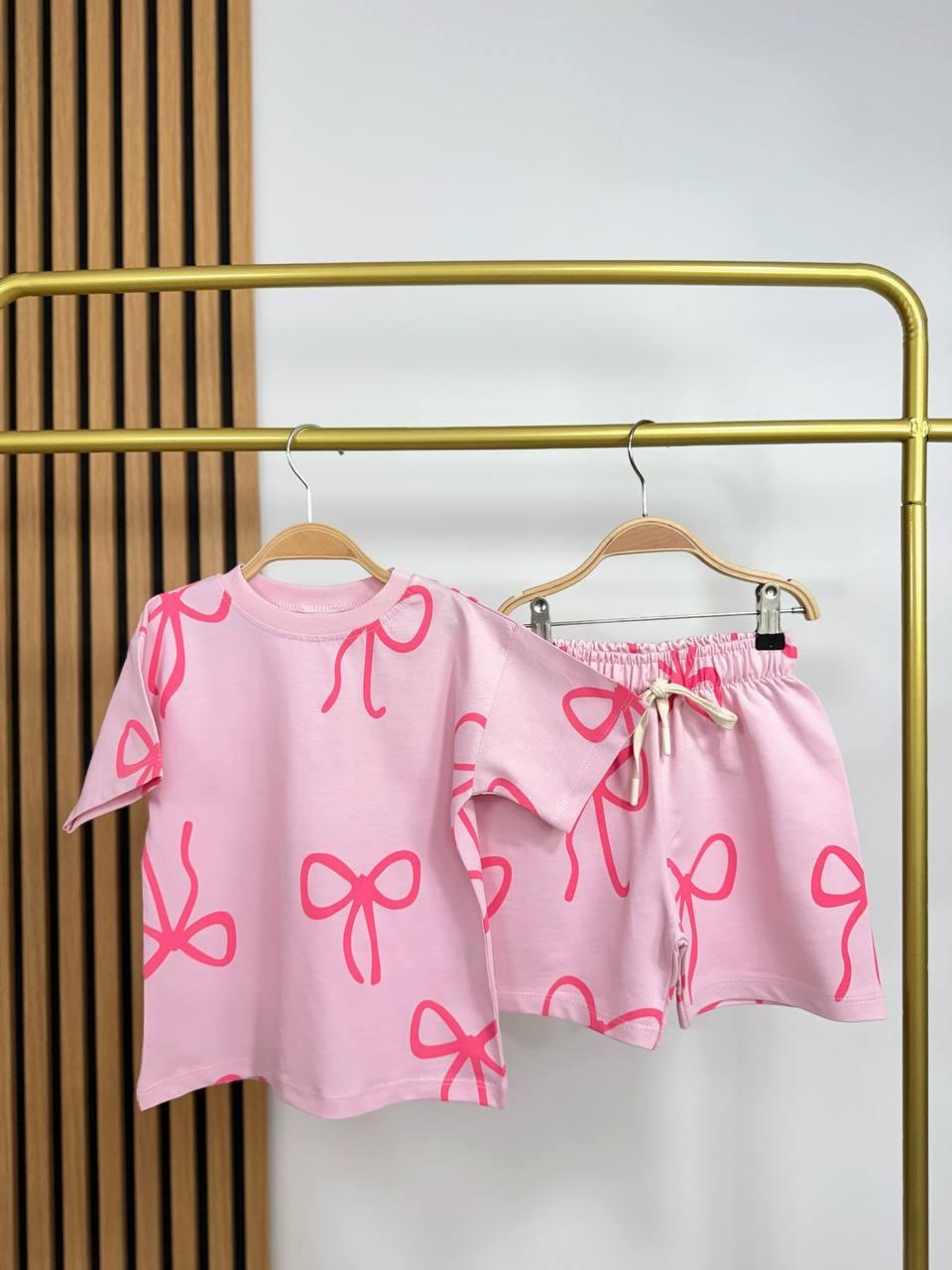 Pink Bow Oversize Tshirt with Shorts Set