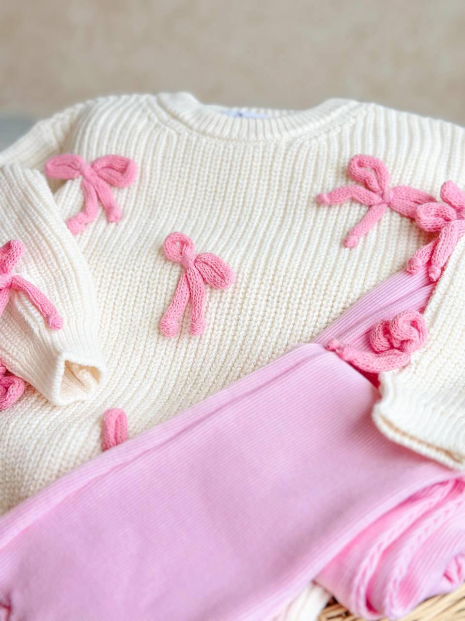 Knit Cream Sweater with Bows and leggings