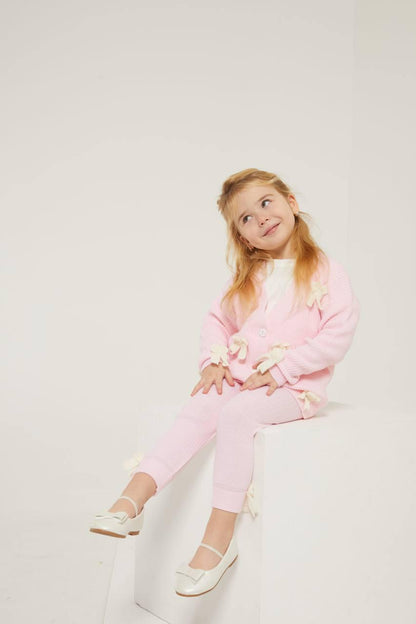 Pink Knit Cardigan with Bows and Knit Leggings