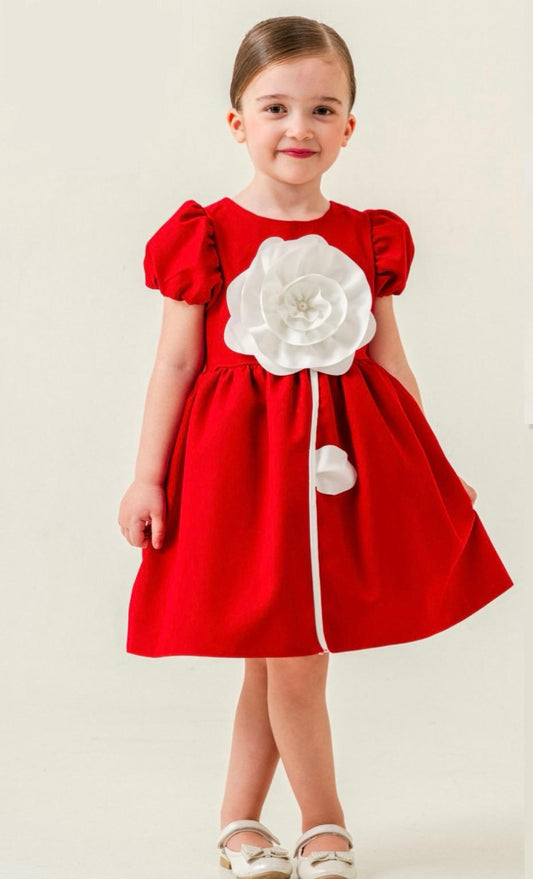 Girls Red Dress with 3D White Flower