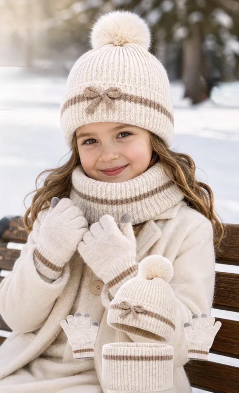 3 Piece Beige Pom Pom Knit Hat, Gloves and Scarf