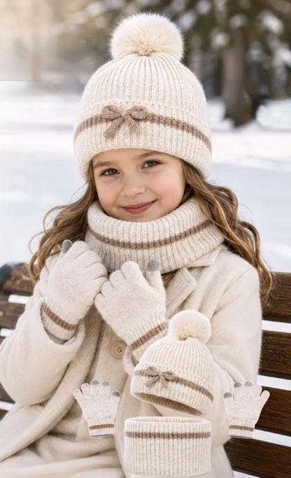 3 Piece Beige Pom Pom Knit Hat, Gloves and Scarf