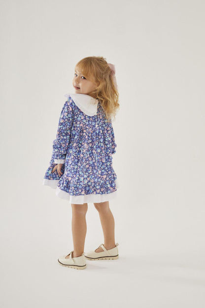 Cotton Dress Blue Flowers with Lilac Bow