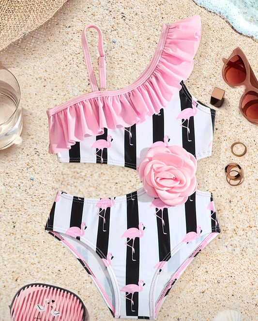Girls One-Piece Swimsuit 3D Floral Design & Flamingo Print