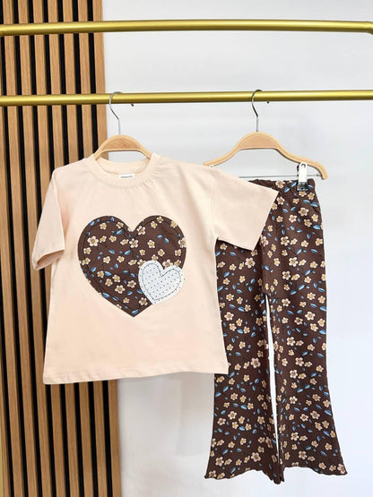 Girl beige heart set with flare leggings
