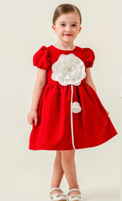 Girls Red Dress with 3D White Flower