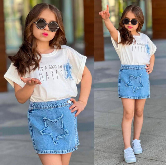 White Tshirt with Jean Star and Jeans Skort Set