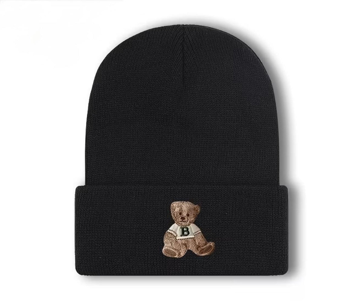 Knit Black Hat with Bear Print