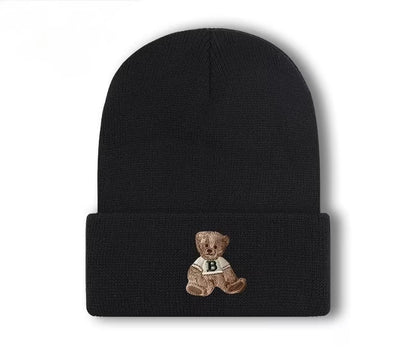 Knit Black Hat with Bear Print