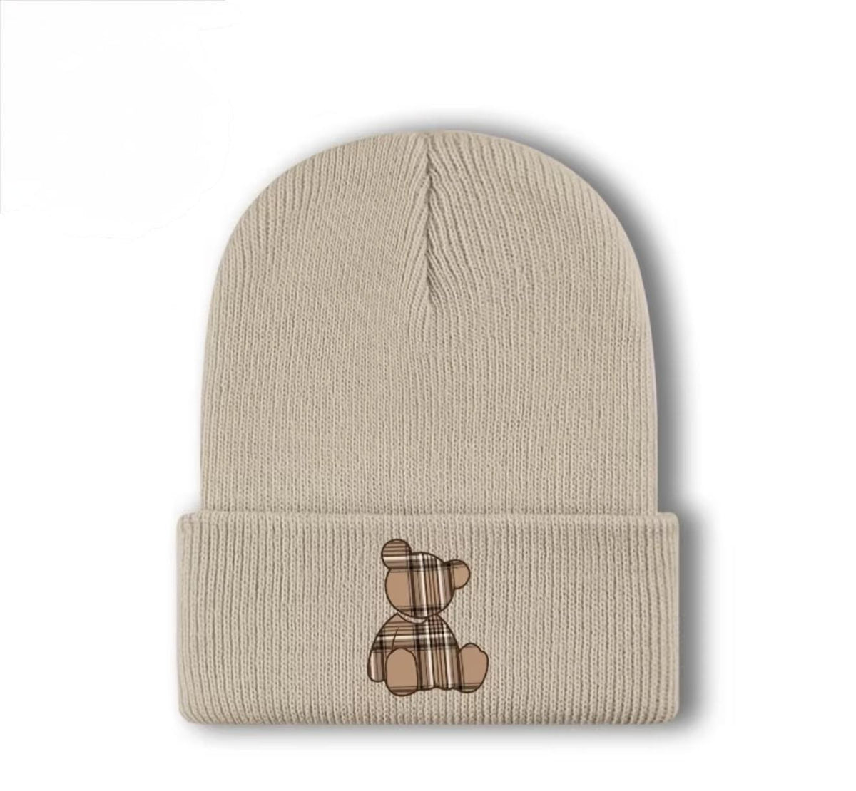 Beige Knit Hat with Checkered Bear Print