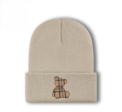 Beige Knit Hat with Checkered Bear Print