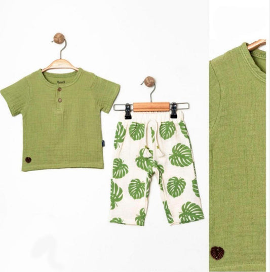 Baby Boys Green Muslin Top and Palm Leaves Pants