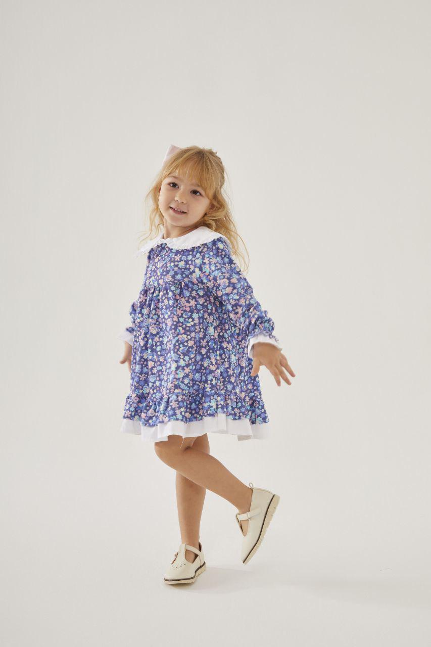 Cotton Dress Blue Flowers with Lilac Bow