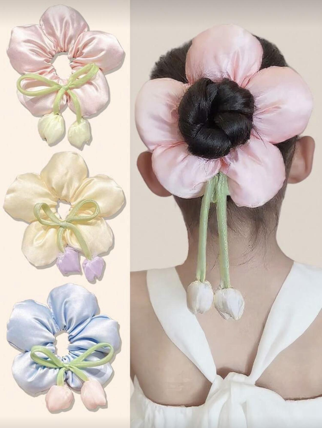 Pink Flower Hair and Bun Tie