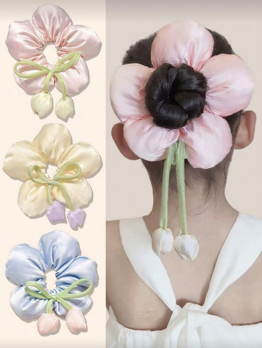 Pink Flower Hair and Bun Tie