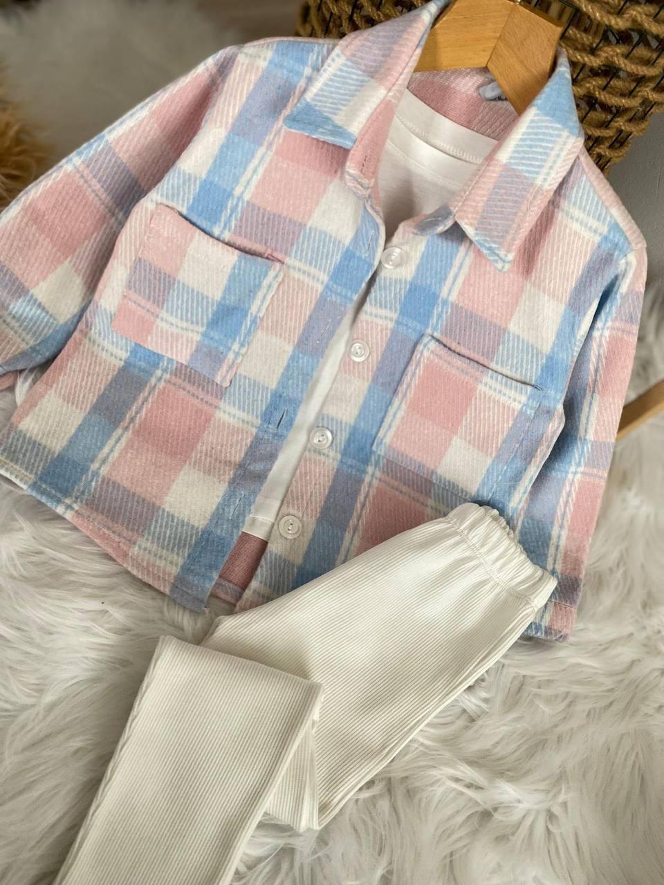 Girls 3 Piece Set Blue Pink Overshirt, White leggings and tshirt Set
