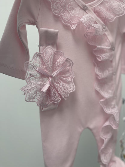 Baby Girl Pink Romper with Lace Headband