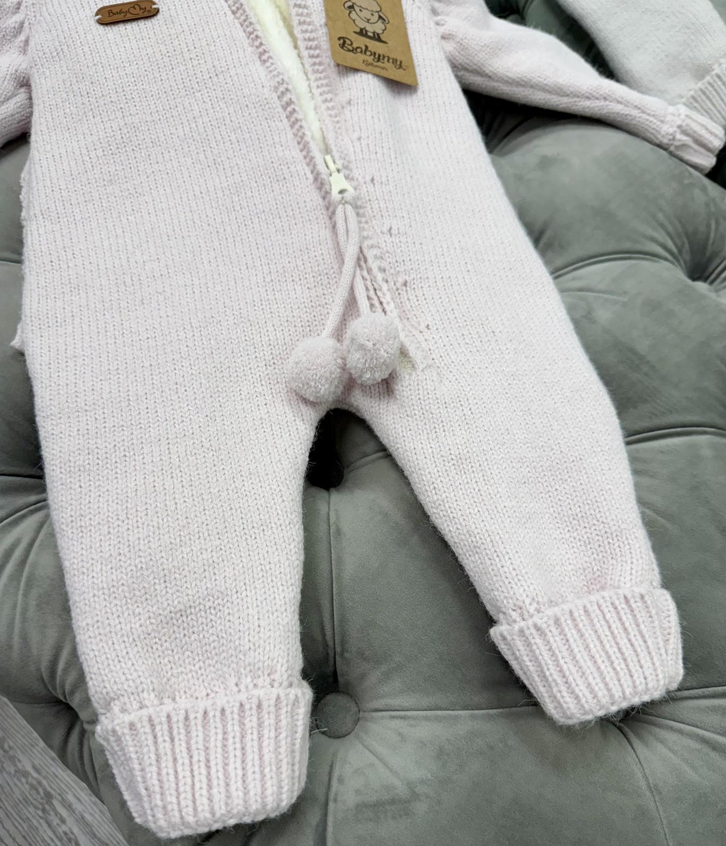 Babymy - Knit Bunny hooded romper zip up Pink