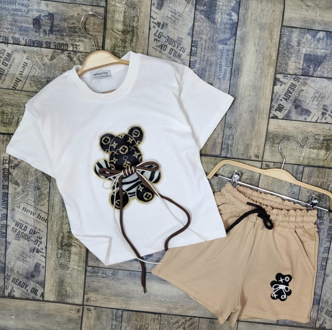 Girls Tshirt and Beige Shorts Set with 3D Bear Detail