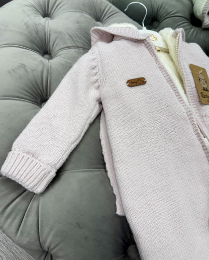 Babymy - Knit Bunny hooded romper zip up Pink