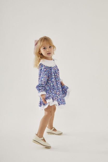 Cotton Dress Blue Flowers with Lilac Bow