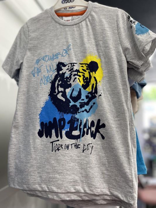 Boy Tiger Print Grey Tshirt and Blue Shorts Set