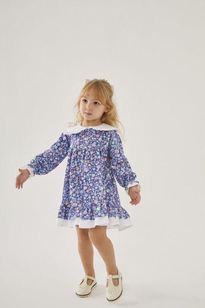 Cotton Dress Blue Flowers with Lilac Bow