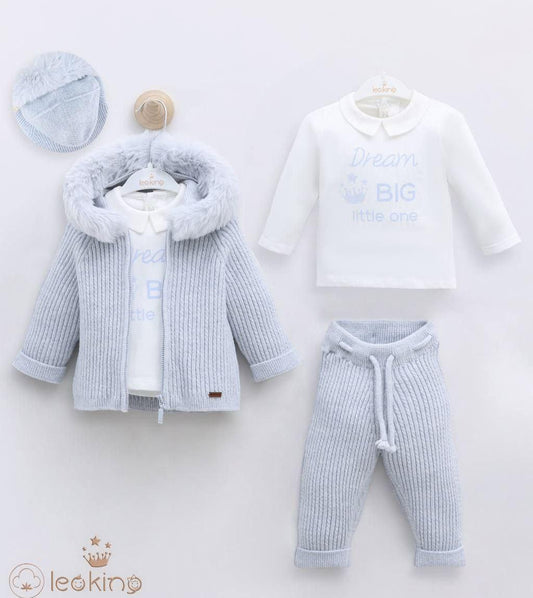Baby Boys Dream Big Blue Knit 3 Piece Set with detachable fur hood