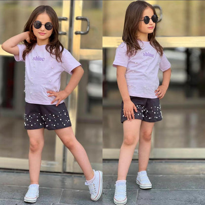 Girls Lilac Shine Tshirt with Pearls and Shorts Set