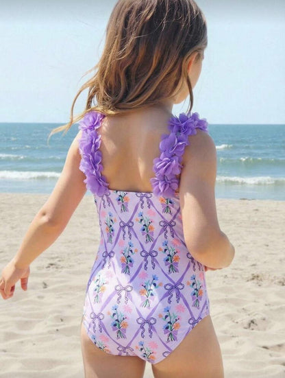 Purple Flower and Bow Detail Swimsuit