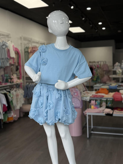 Blue Flower Tshirt and Rose Flower Skirt