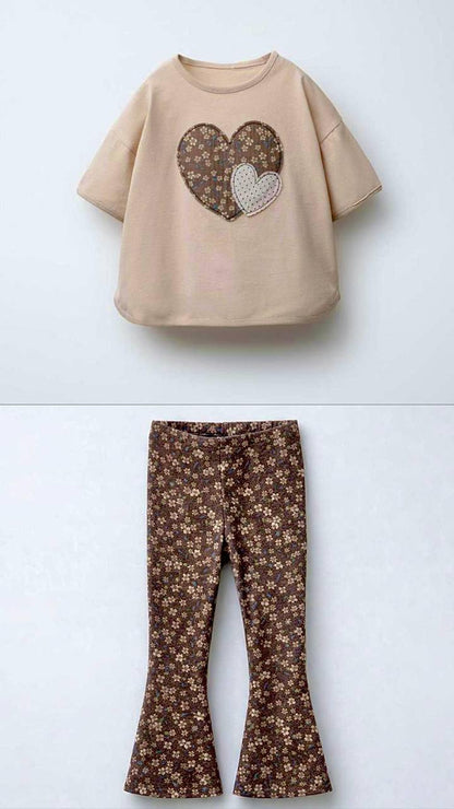 Girl beige heart set with flare leggings