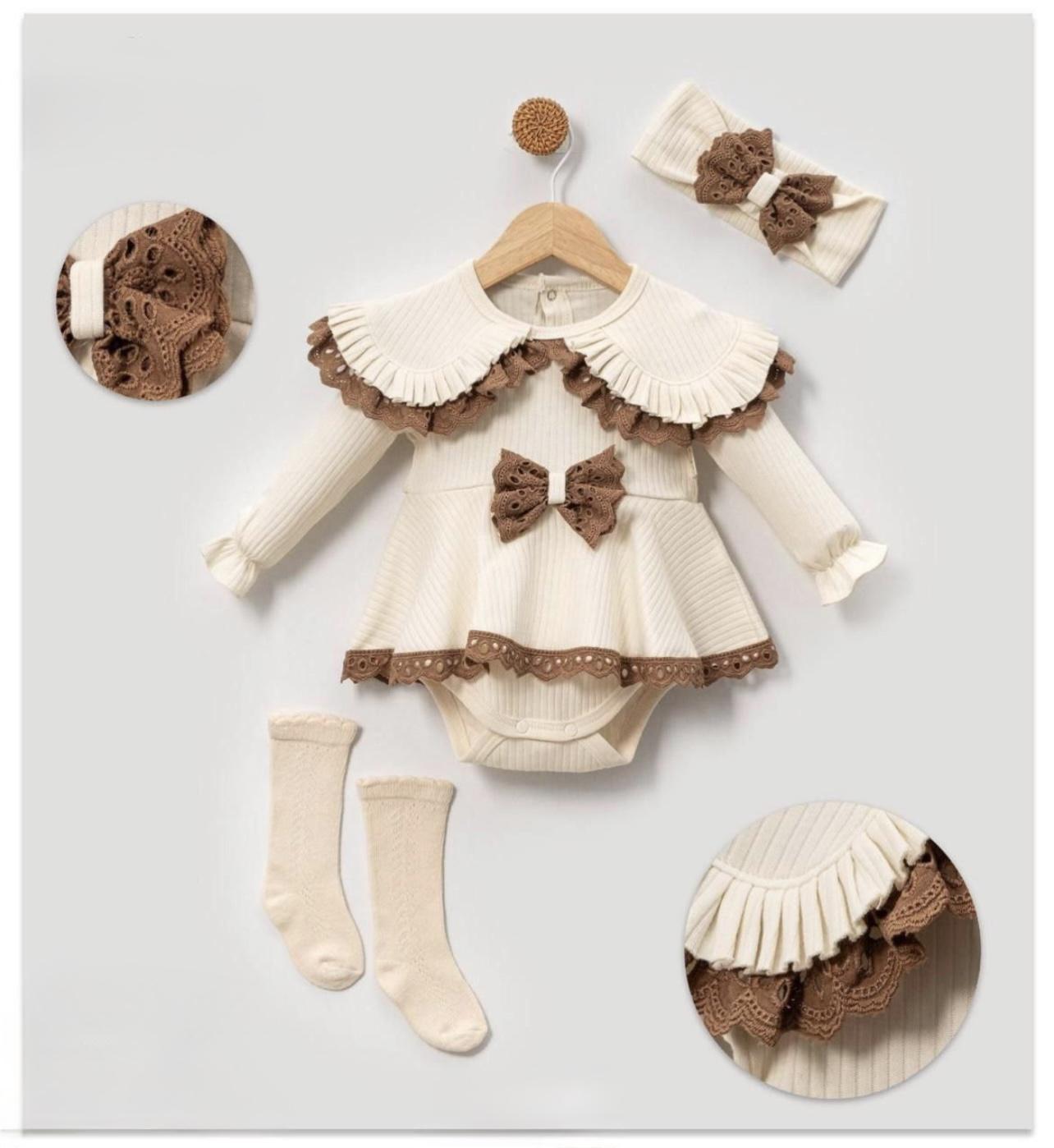 Baby Girl Beige and Brown Romper with Socks and Headband