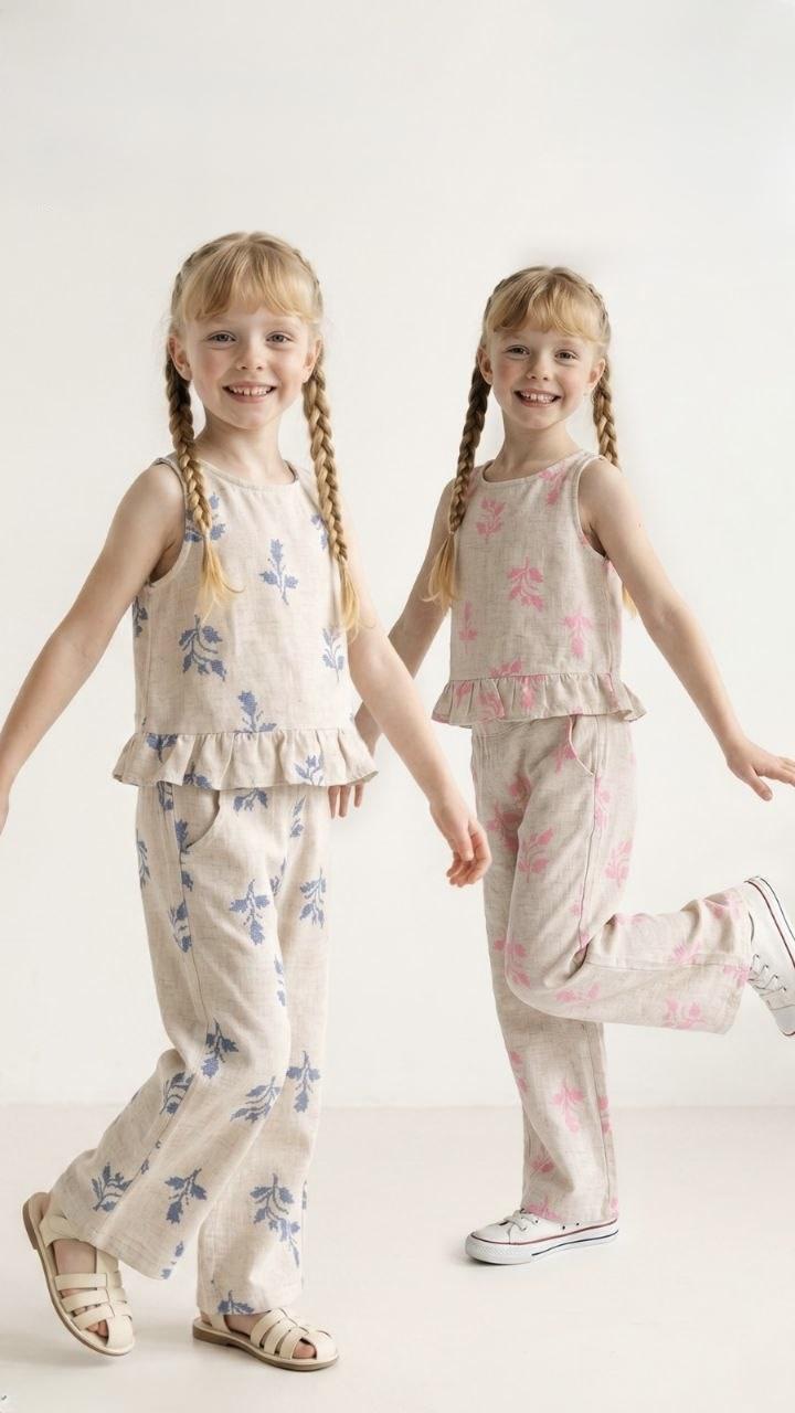 Linen Pants and Top Set - Pink Flower Embroidery
